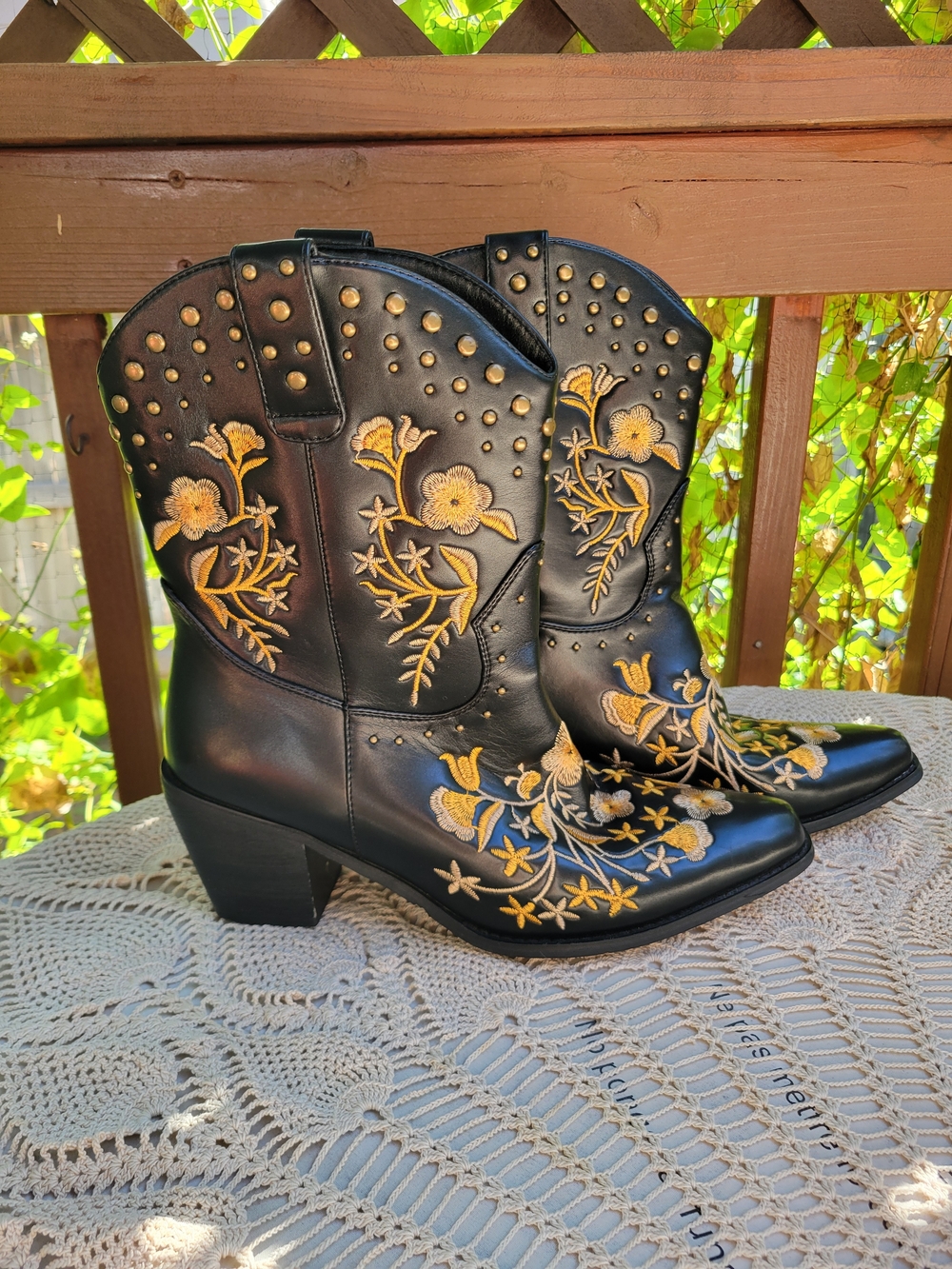 Embroidered Black Western Ankle Boots with Gold Floral Accents